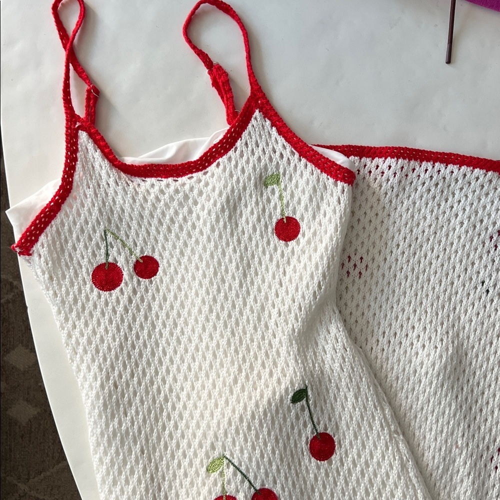 Sweet Girl Cherry Crochet Fruit Print Knit Maxi Dress White Red Size Large - Picture 6 of 9